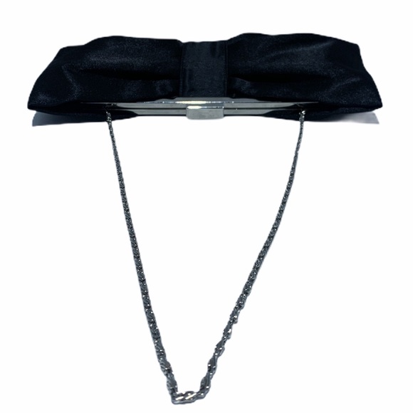 Black Satin Evening Clutch Bag with Thin Silvertone Shoulder Chain Strap - Picture 4 of 7